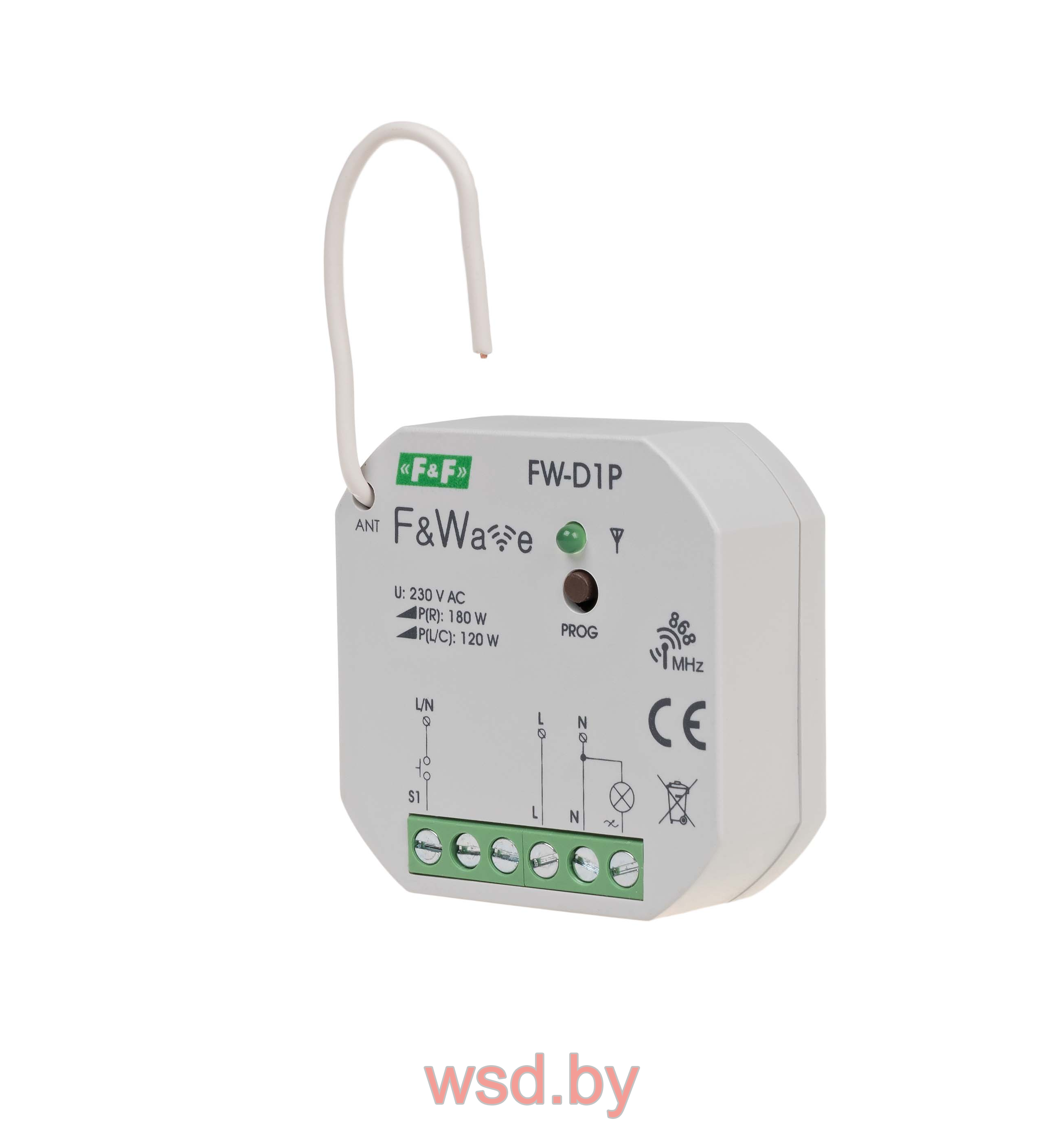FW-D1P Диммер одноканальный, для всех типов ламп, soft start, локальное и удаленное управление, до 8 радио передатчиков,  установка в монтажную коробку Ø60мм 85-265В AC/DC IP20